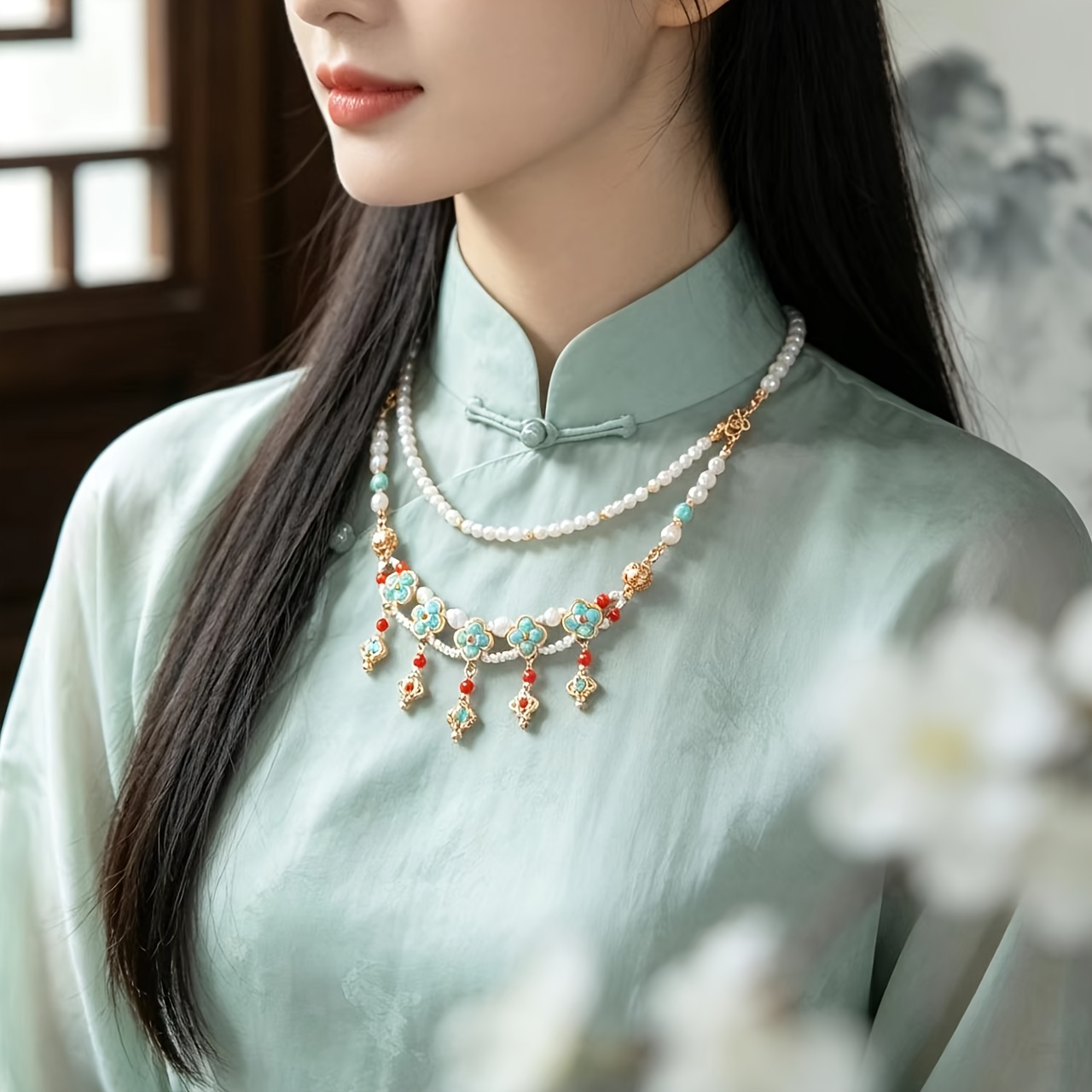 Chinese Retro Design Hanfu Necklace with Imitation Pearl